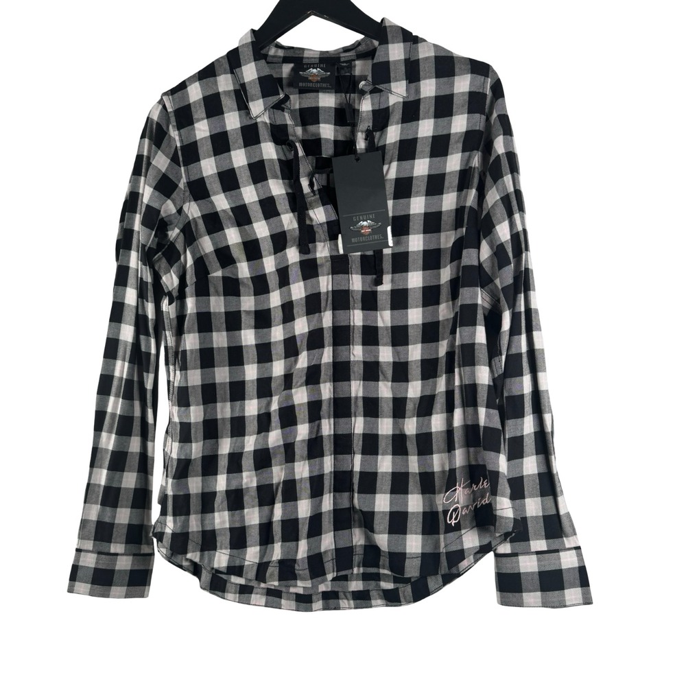 New Harley Davidson Womens Flannel Piad Laced Front Shirt Sz L Large